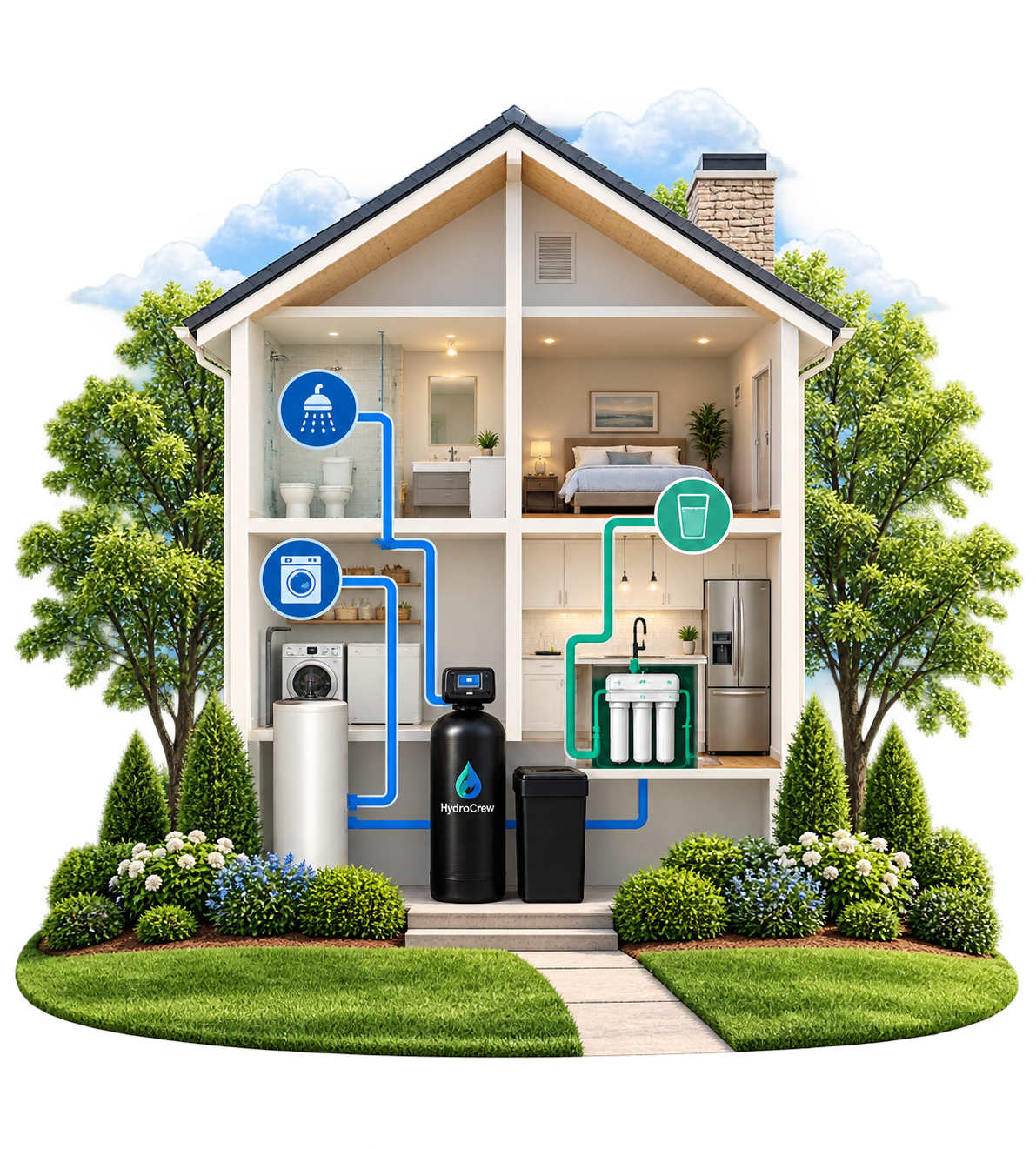 AI-generated house cross-section showing separate whole-home treatment and drinking-water treatment paths