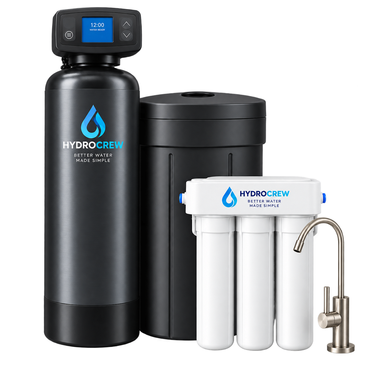 HydroCrew whole-home softener, brine tank, reverse-osmosis drinking-water filters, and faucet